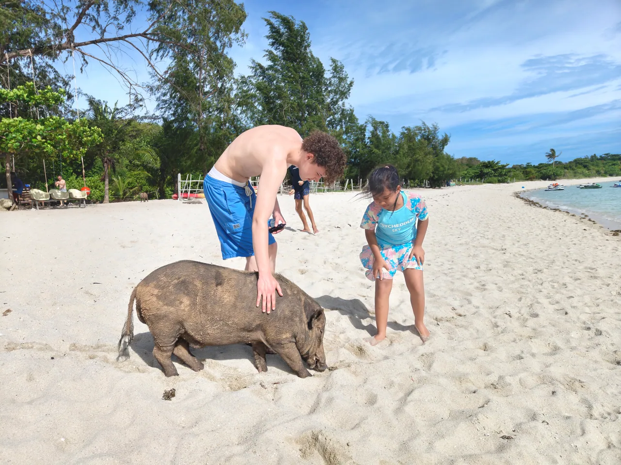 An adult and child standing beside a pig on the beach at Koh Madsum
